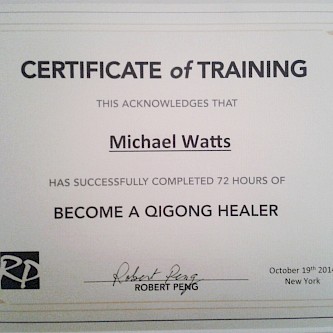 Certificate for 72hrs Qigong training with the renowned Master Robert Peng at the Omega Institute in Rhinebeck, New York, USA