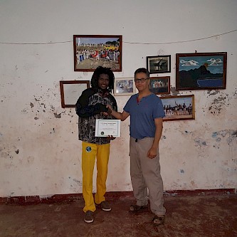 In Sao Vicente Cape Verde, March 2018, with assistant Capoeira instructor Steven Roberto Da Luz, who learned Shibashi 1 under my instruction, receiving his Instructor Level Certification in Shibashi Taichi-Qigong, after being assessed by Sifu Wing Cheung