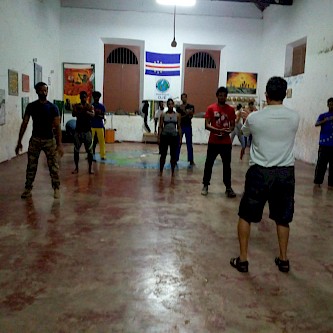 Sao Vicente, Cape Verde, February 2018: Chief Capoeira instructor, Professor Dje, and some of his students, attending my Shibashi Level 1 Taichi-Qigong class.