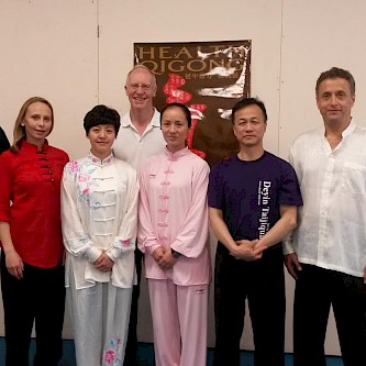 With mainland Chinese Qigong Professors (at centre, Ms Lai Jian Hui from University of Sports, Shanghai), at the BHQA Ba Duan Jin instructor training course in the UK (May 2016)